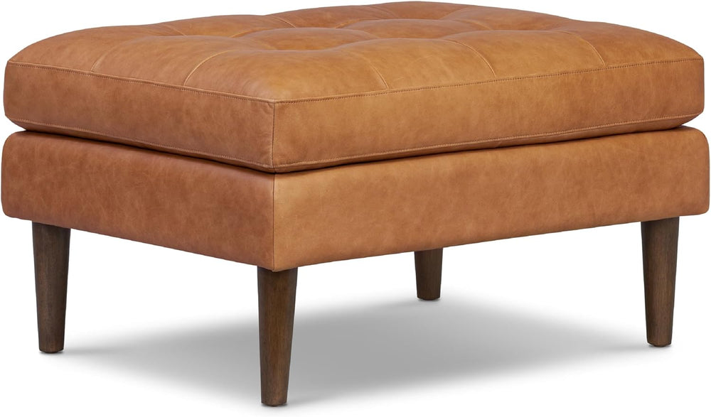 Poly & BARK Napa Ottoman - Full-Grain Leather Upholstered Ottoman with Fe...