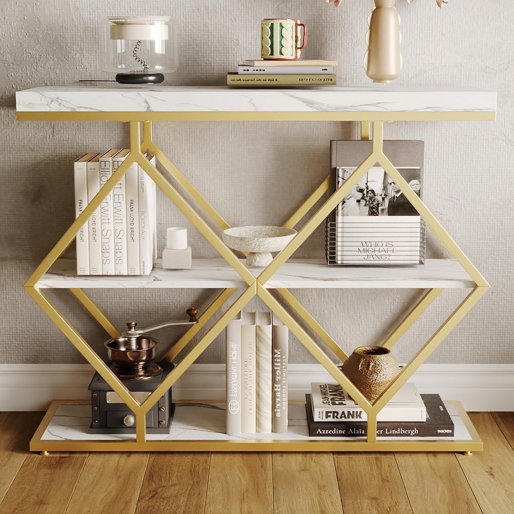 3-Tier Industrial Entryway Table with Diamond-Shaped Metal Frame, Open Shelf ...