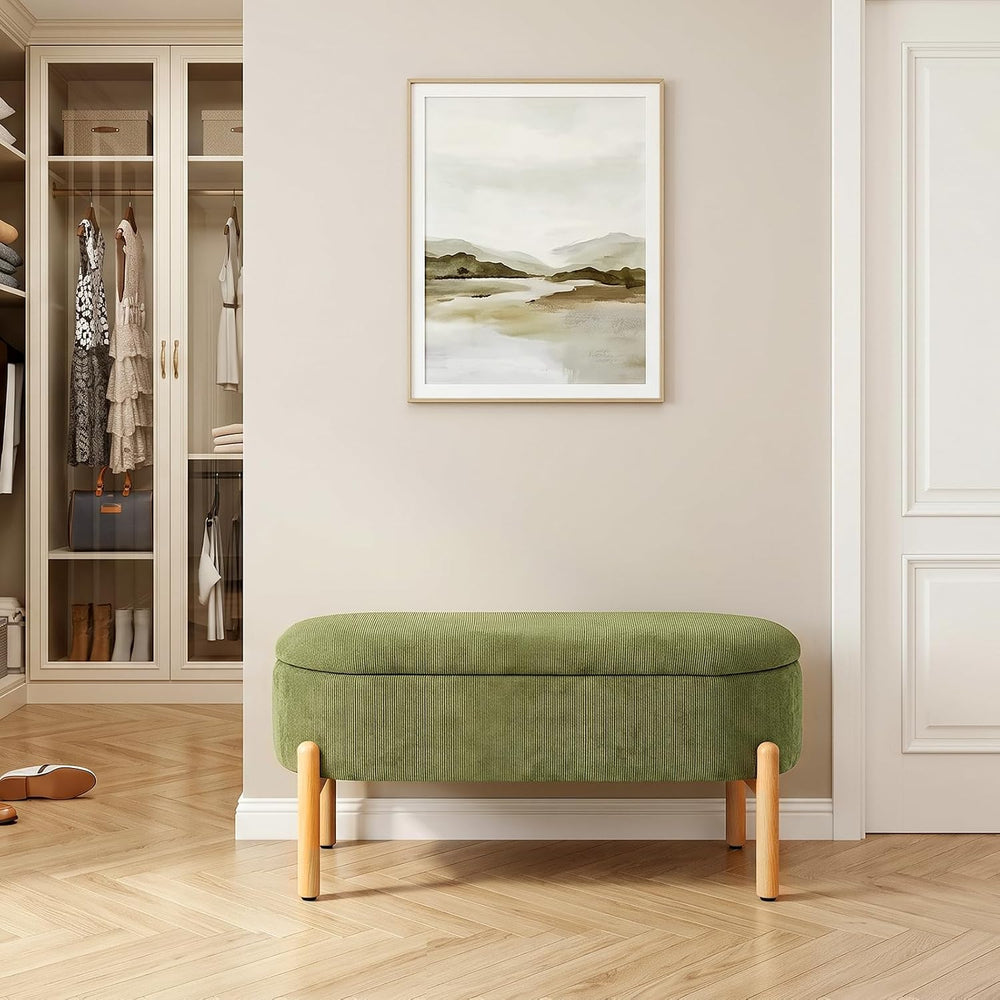 Storage Bench Ottoman With Hidden Storage And Corduroy Fabric, Green | Oval U...