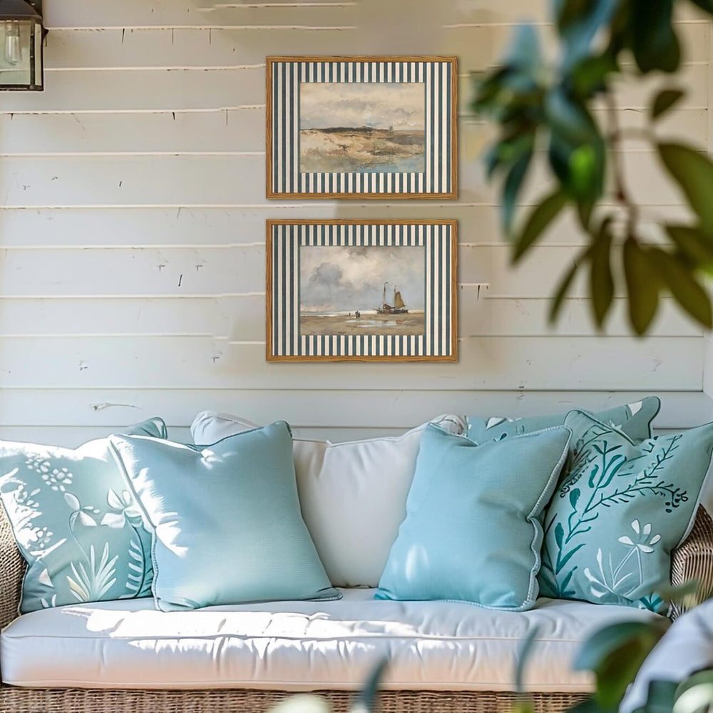 Framed Vintage Coastal Landscape Wall Art Set of 2, Retro Blue and White Stri...