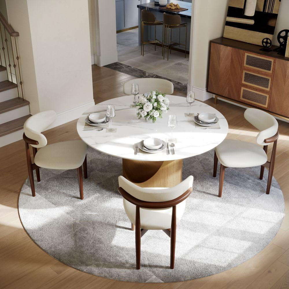 POVISON Round Dining Table Set, 47" Sintered Stone Dining Table with 4 D...