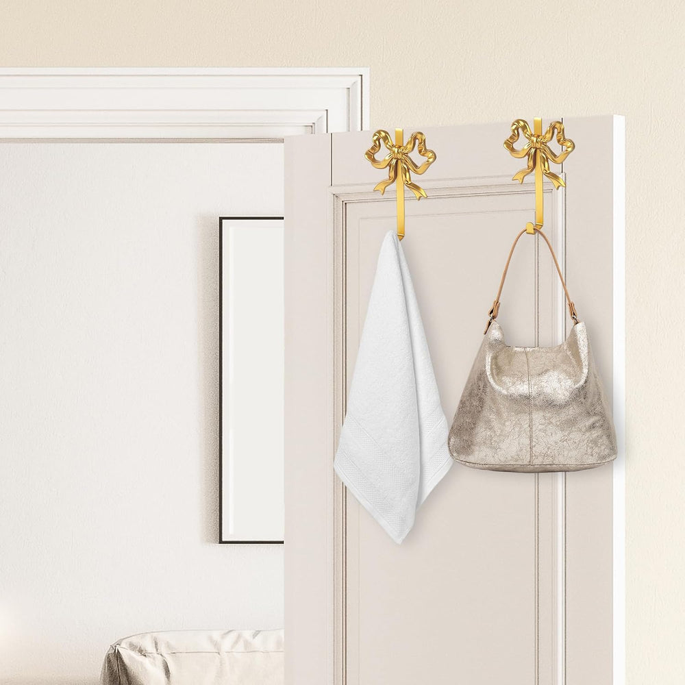 JarThenaAMCS 2Pcs Gold Bow Over The Door Hooks Metal Door Hanger Hook Coquett...