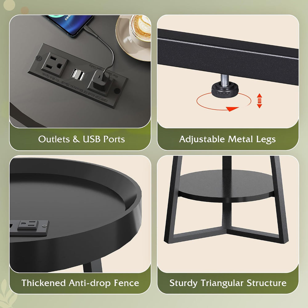 WLIVE Small Round Side Table with Charging Station, Round Coffee Table, 2 Tie...
