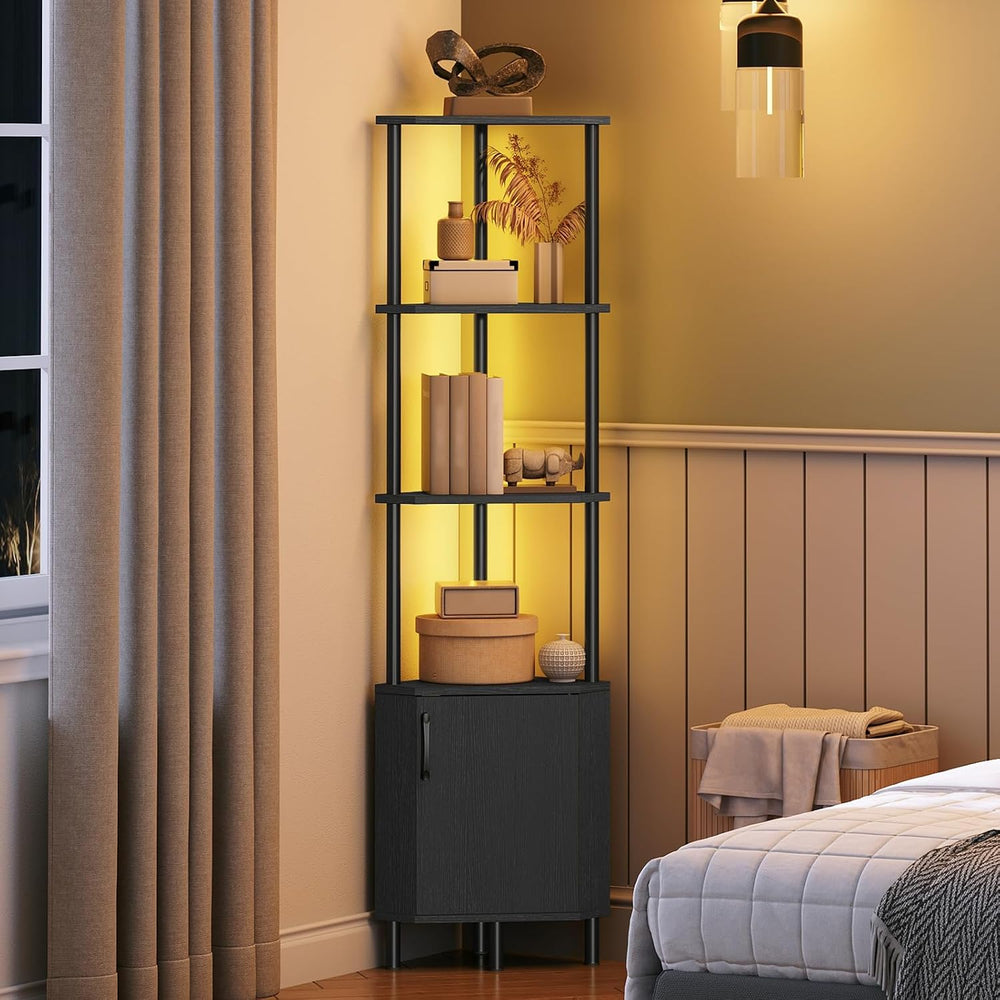 HOOBRO Corner Cabinet with LED Light, Corner Shelf Stand with Storage and Doo...