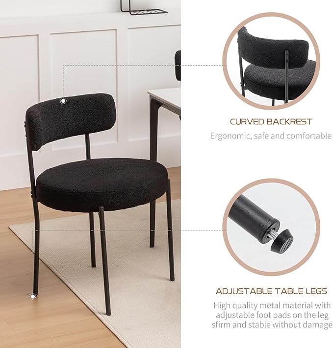 Boucle Dining Chairs Set of 2, Mid Century Modern Dining Room Chairs with Met...