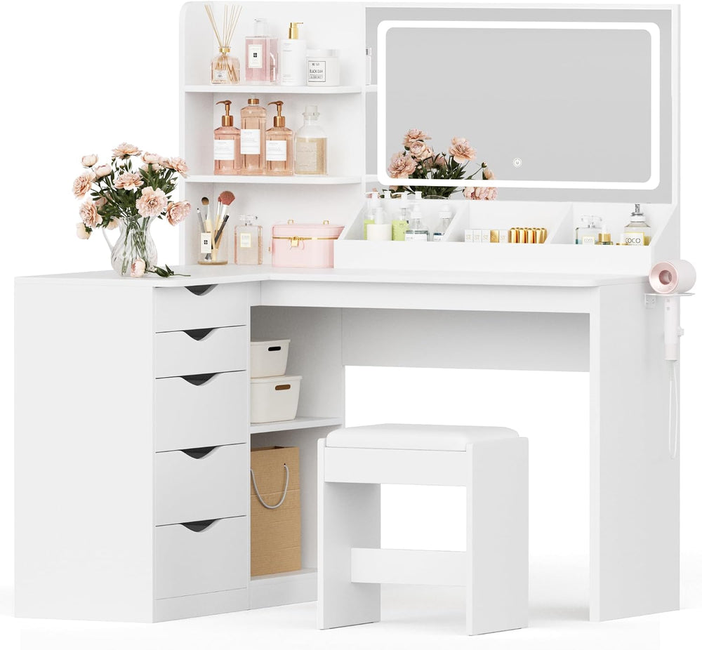 JUMMICO Makeup Vanity Desk with Mirror and Lights, L- Shaped Vanity, White | ...