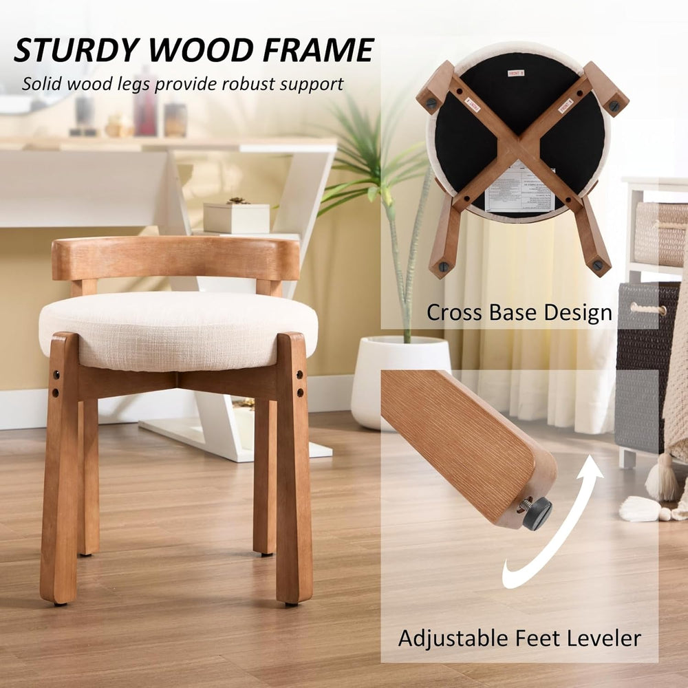 HEAH-YO Wood Vanity Chair with Back, Linen Upholstered Small Ottoman Footstoo...