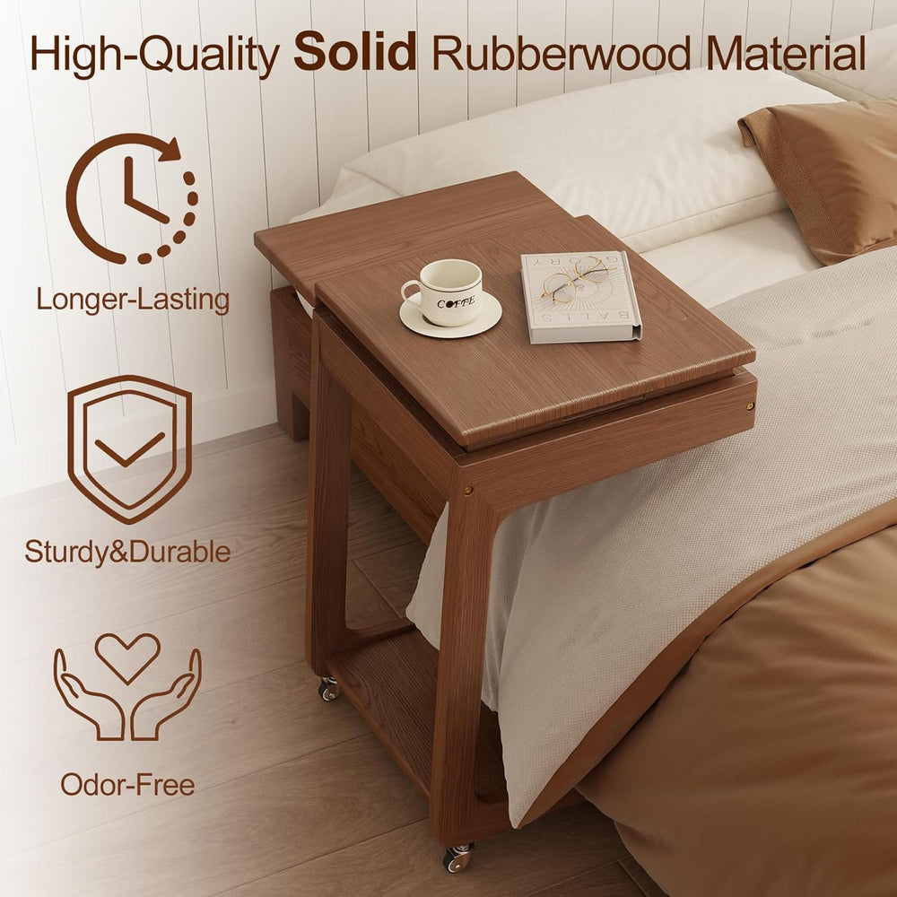 Solid Wood C Shaped End Table for Couch,Walnut C Table with Wheels,Rolling Si...