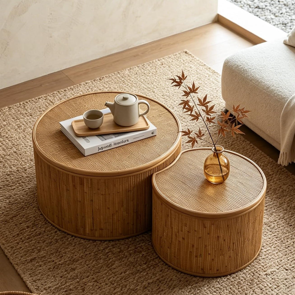 43.89'' Round Rattan Nesting Coffee Table with Flip-Top Storage Set o...