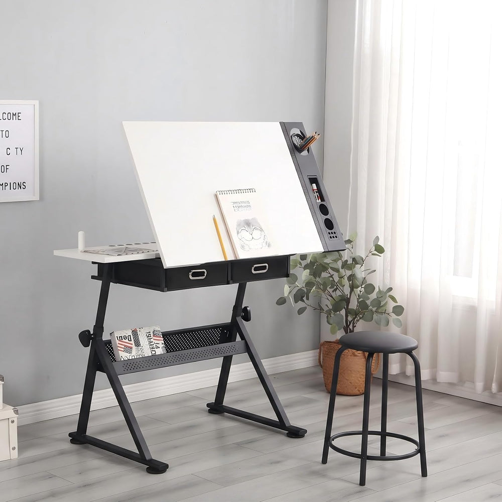 Adjustable Drawing Table with Stool, 2 Drawer Drafting Desk for Artists, Tilt...