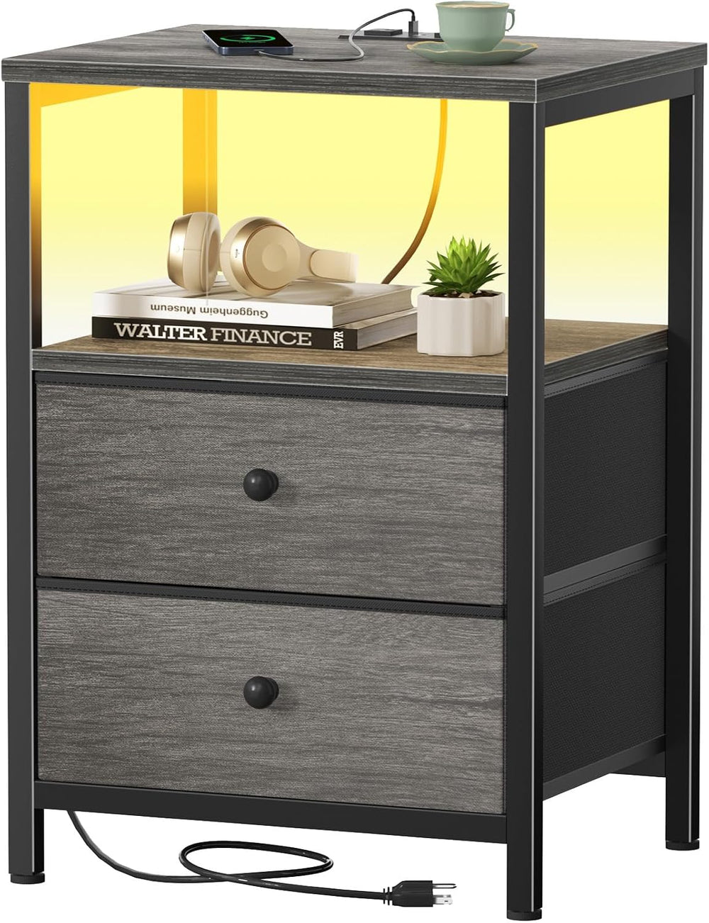 BOLUO Gray Nightstand with Charging Station, LED Night Stand with 2 Fabric Dr...