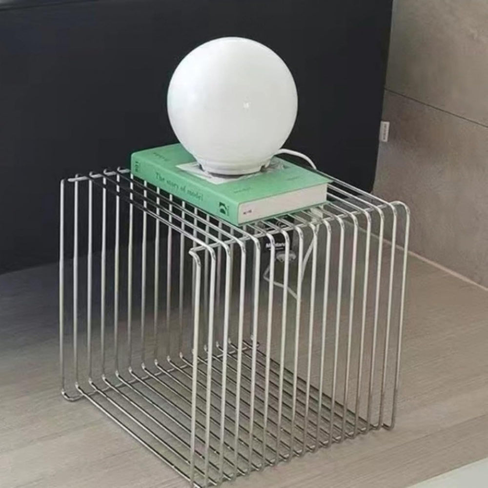 Accent Table Stainless Steel Retro Square Metal Side End Table with Wire Cube...