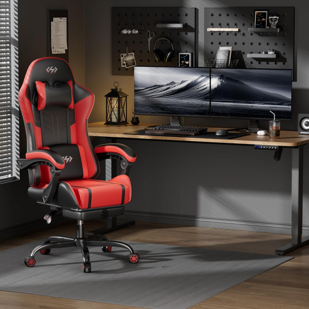 HLDIRECT High Back Gaming Chair, USB Massage Lumbar Support, Black&Red | ...