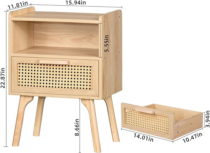 Lerliuo Rattan Nightstand, Boho Side Table with Drawer Open Shelf, Cane Accen...