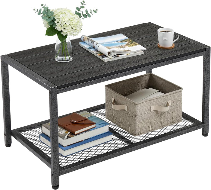 VINGLI Outdoor Coffee Table with Double-Layer Storage, Rectangle Weather-Resistant Patio Coffee Table for Garden, Balcony, Hot Tub, Poolside, Heavy-Duty Metal Frame, Black