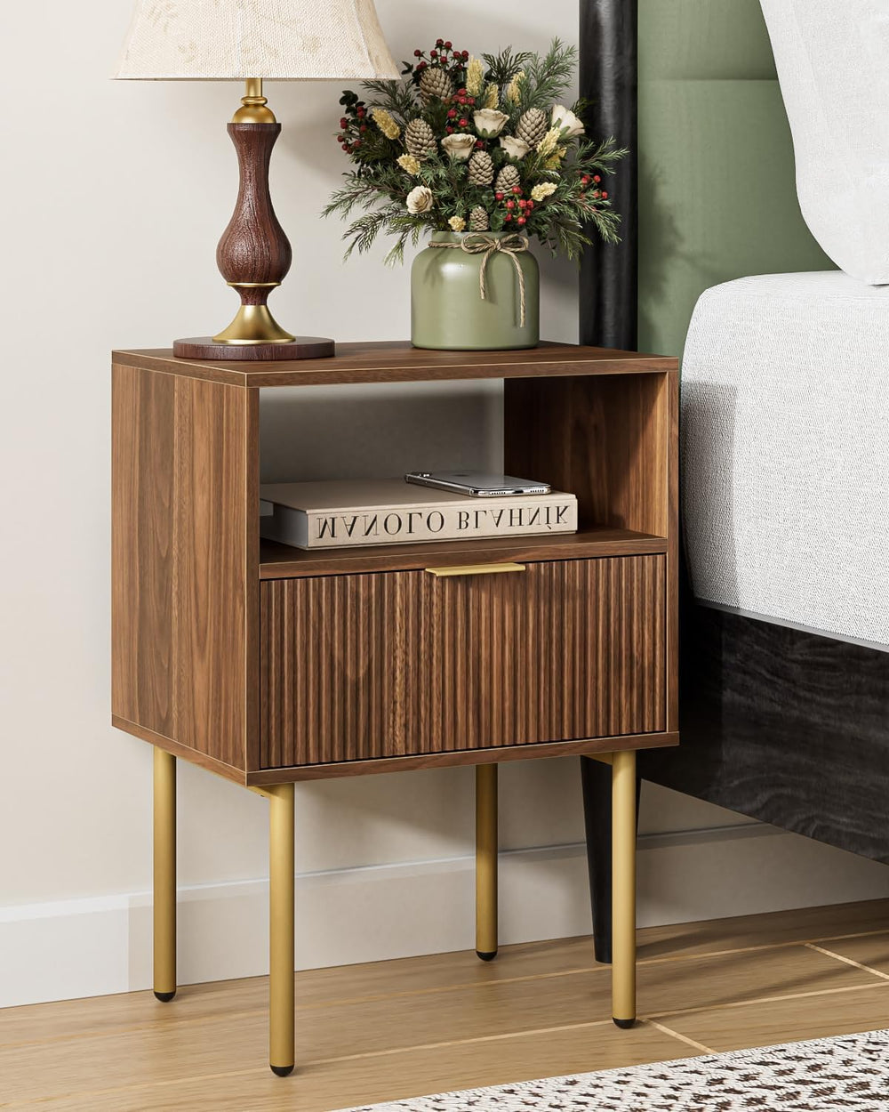 Nightstand,Small Bedside Table with Gold Frame,Walnut Night Stand,Bedside Fur...
