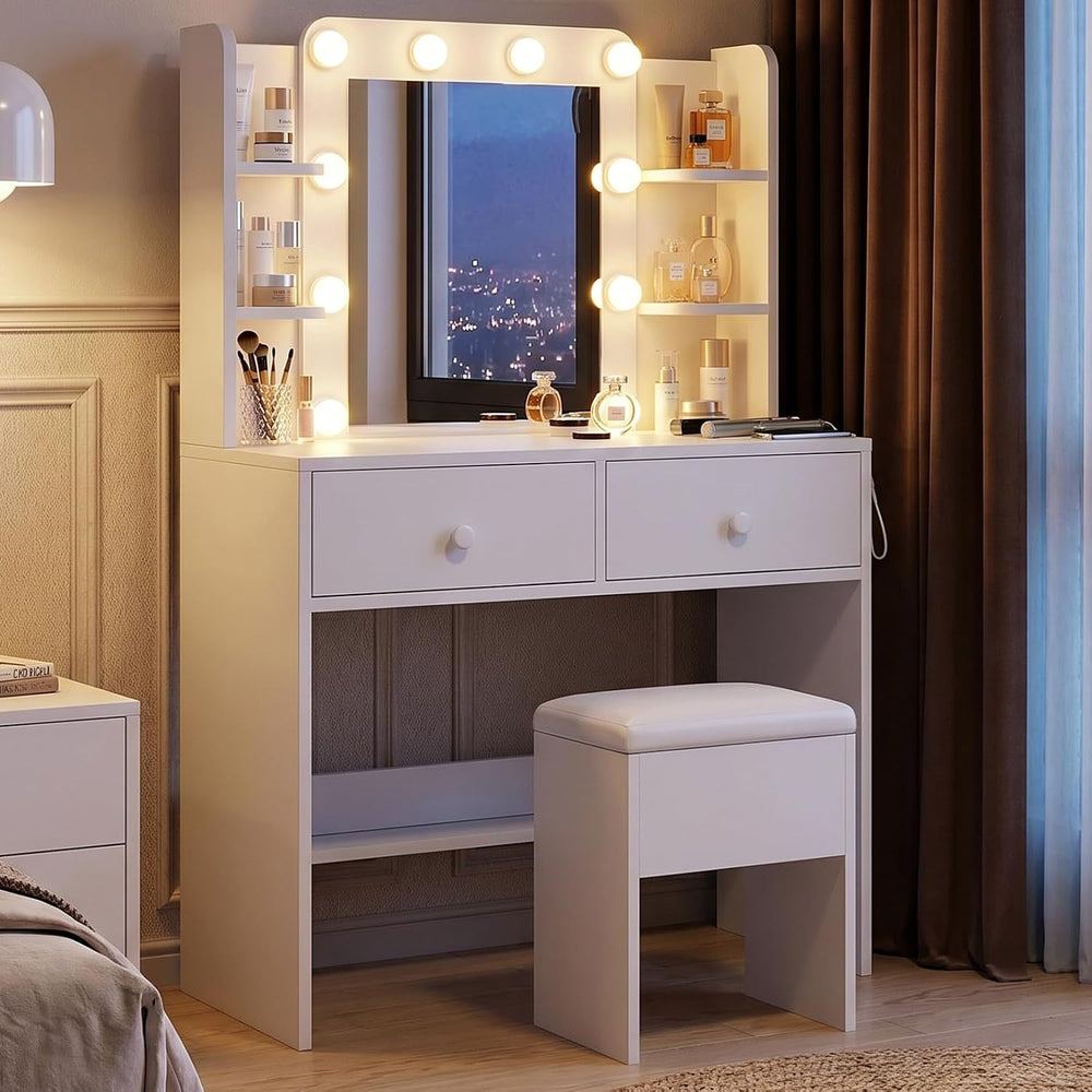 FUXA Makeup Vanity Desk with LED Mirror and Chair Set, White | 3 Lighting Mod...