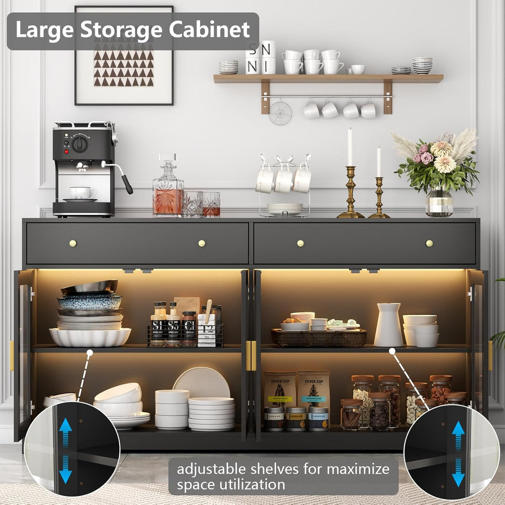 Sideboard Buffet Cabinet with LED Lights, 55.1 Storage Cabinet with 2 Large D...