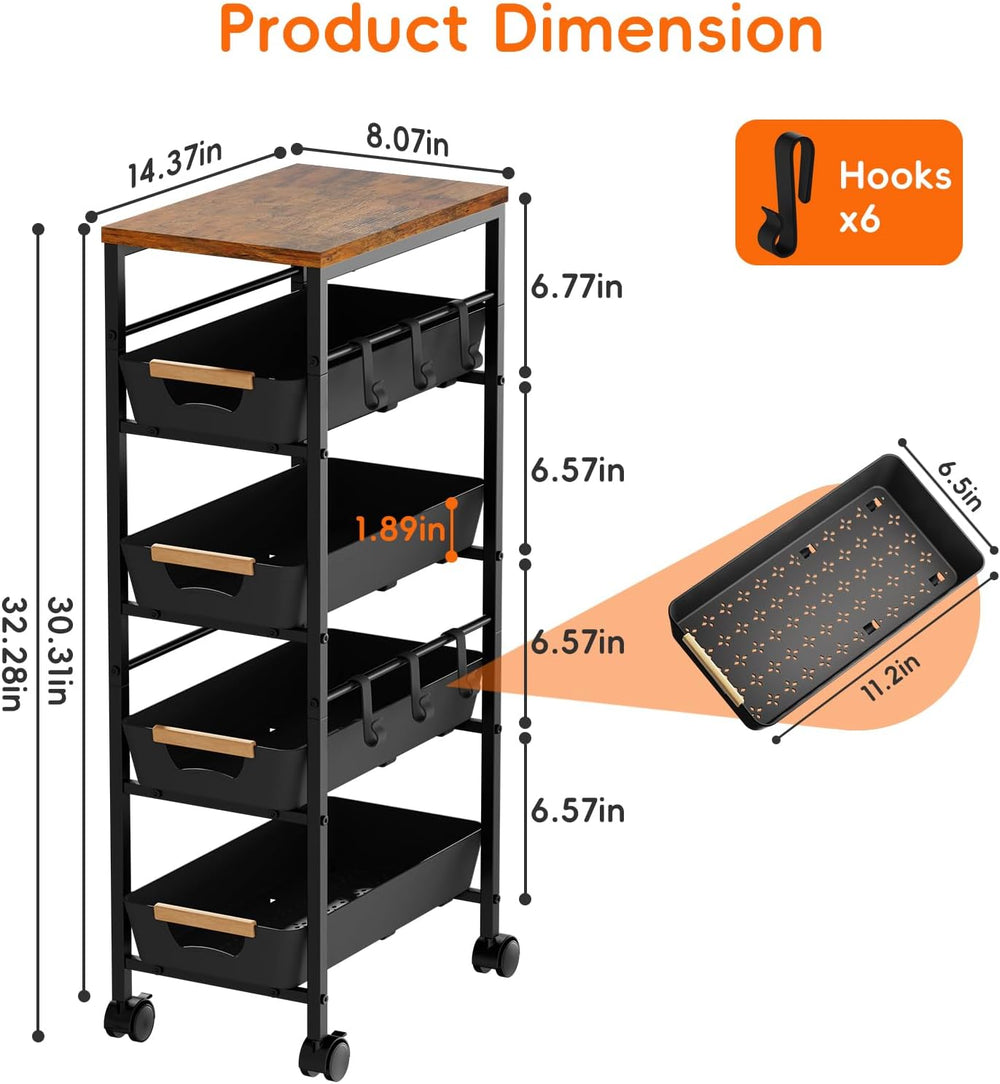 5-Tier Slim Storage Cart, Wooden Top Rolling Kitchen Cart with Pull-Out Baske...