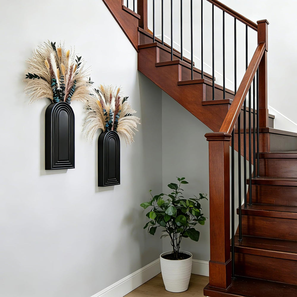 2 Pack Wooden Wall Vase Set with Pampas Grass Eucalyptus, Modern Farmhouse Bo...