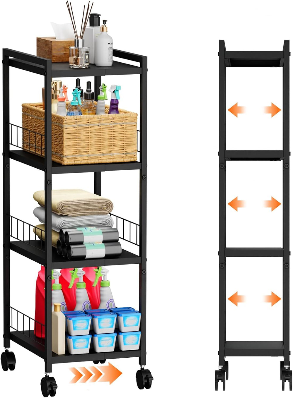 Expandable Slim Storage Cart with Wheels, 4 Tier Narrow Metal Rolling Utility...