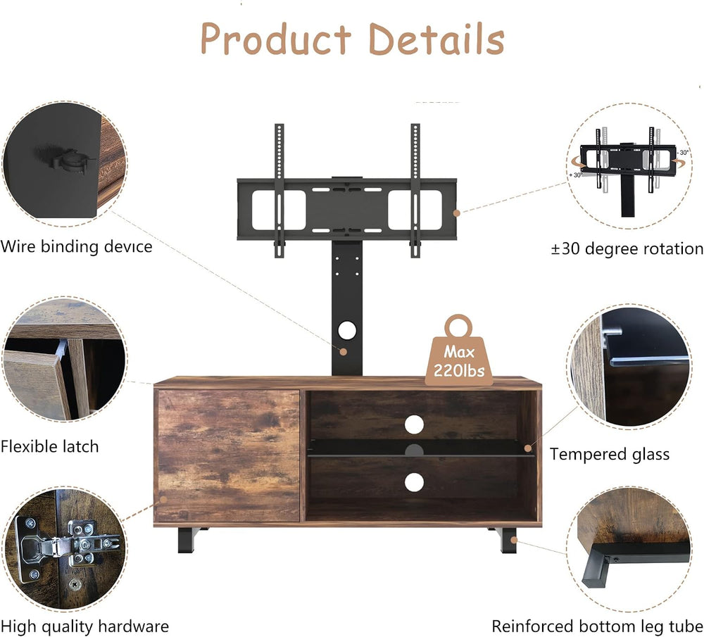 IANIYA TV Stand with Mount for up to 75", Rustic Swivel Floor Entertainm...