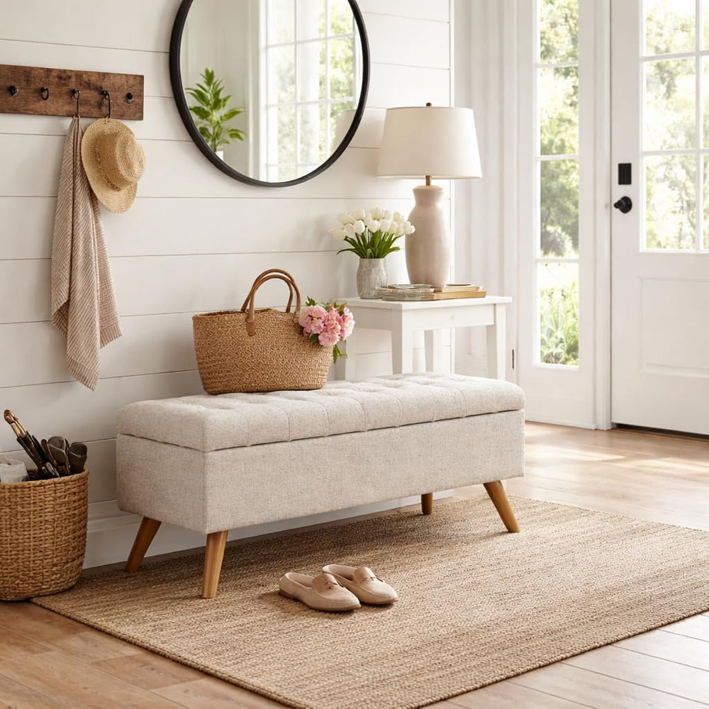 HomePop Modern Tufted Storage Bench - Textured Cream Fabric