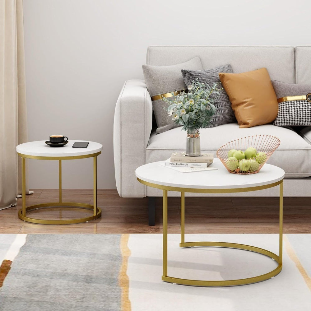 Nesting Coffee Table Set of 2, Round Tables with Marble Pattern MDF Top | Spa...