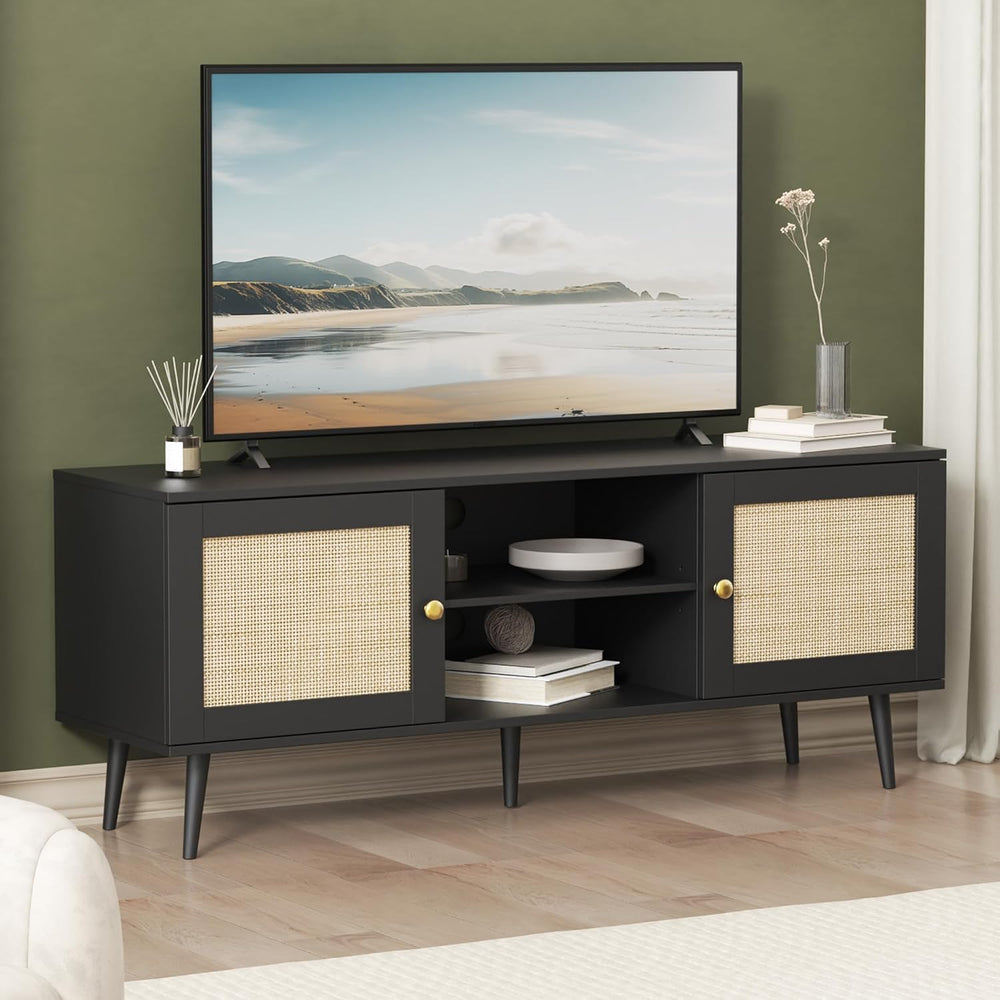 Furnify Rattan TV Stand for 50/55/60 inch TV, Boho 53" Entertainment Cen...