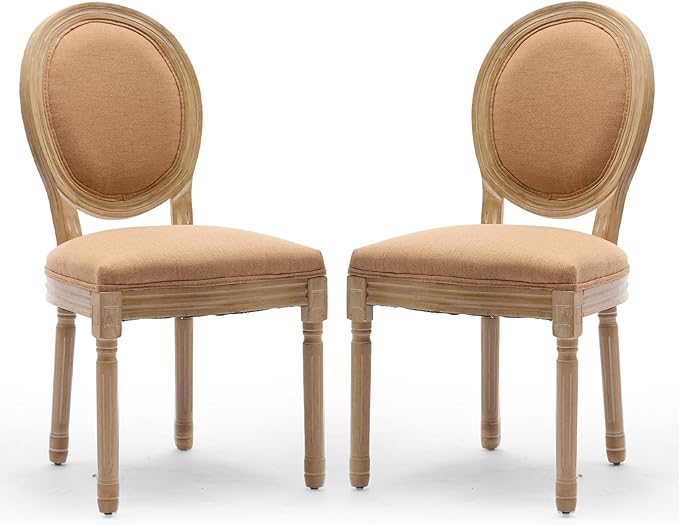 Linen Upholstered Dining Chairs Set of 2 French Country Oval Fabric Back Kitc...
