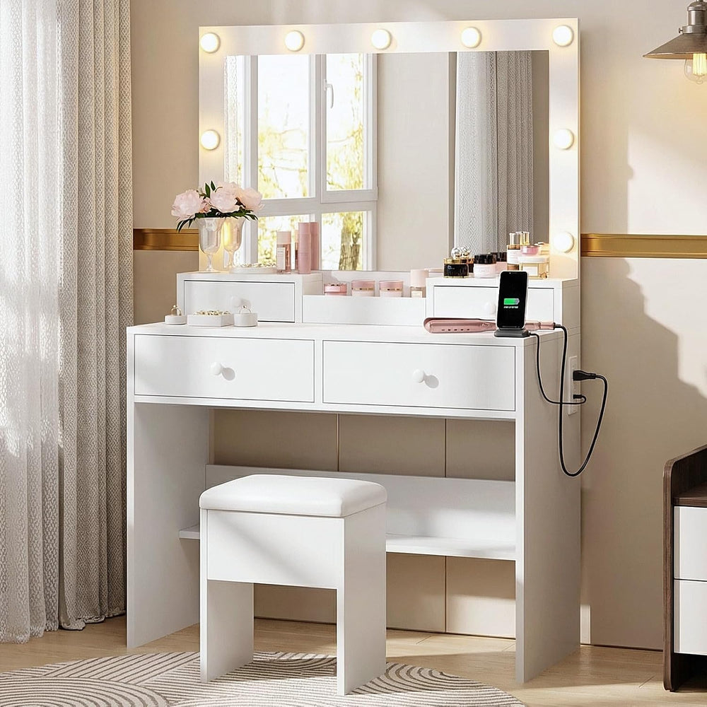 Haewon Vanity Desk Set with LED Mirror, Storage Chair, White Makeup Table | B...