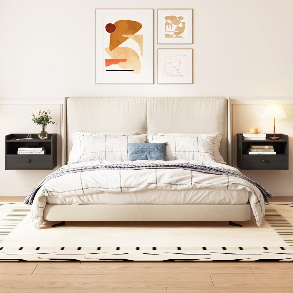 Floating Nightstand Set of 2 Modern Night Stands with Drawer and Open Shelf |...