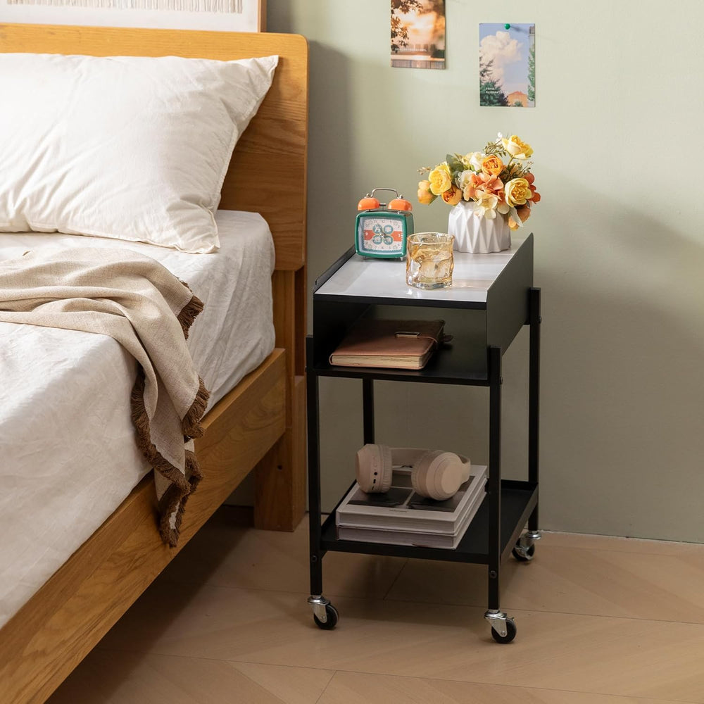 Bedside Table with Wheels Rolling Nightstand 3-Tier Sofa Side Table Modern En...