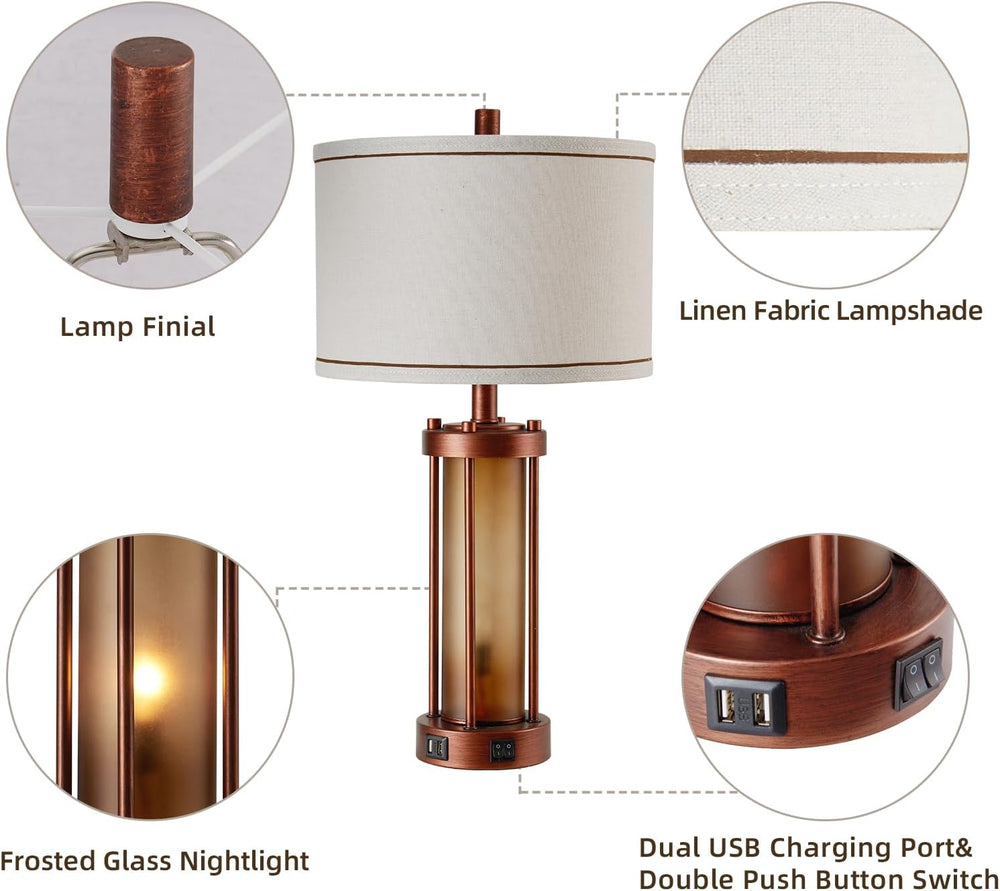 RORIA Set of 2 Farmhouse Table Lamps for Living Room with 2 USB Ports