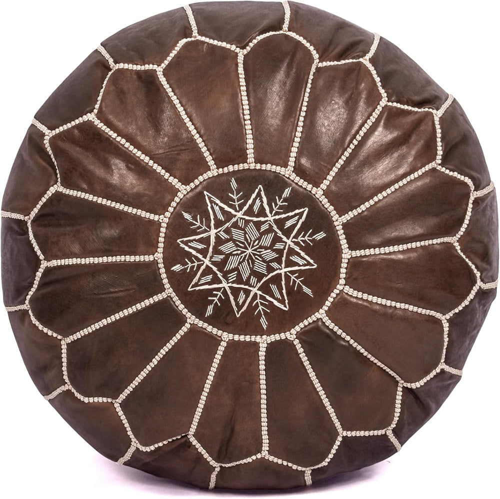 Moroccan Leather Handmade Pouf Ottoman Cover, Unstuffed Foot Stool, Round Boh...