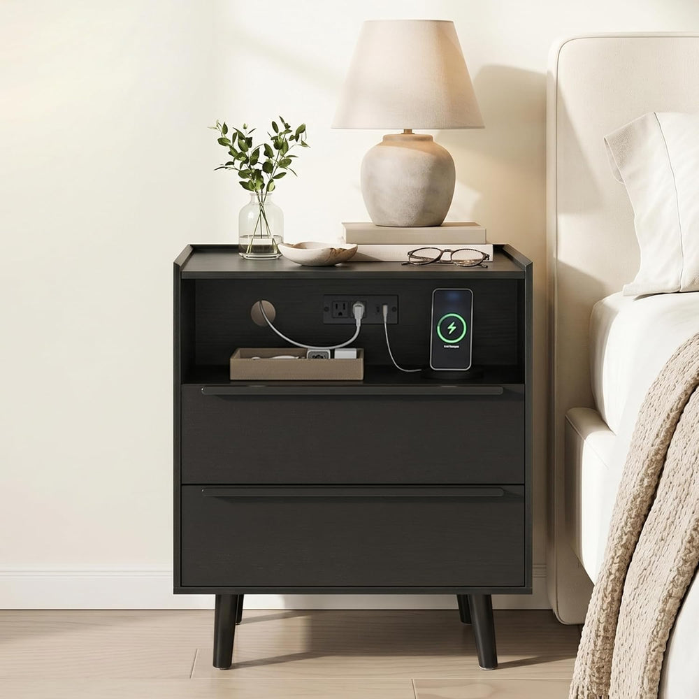 26 Inch Tall Black Oak Nightstands Set of 2 with Charging Station | Matching ...