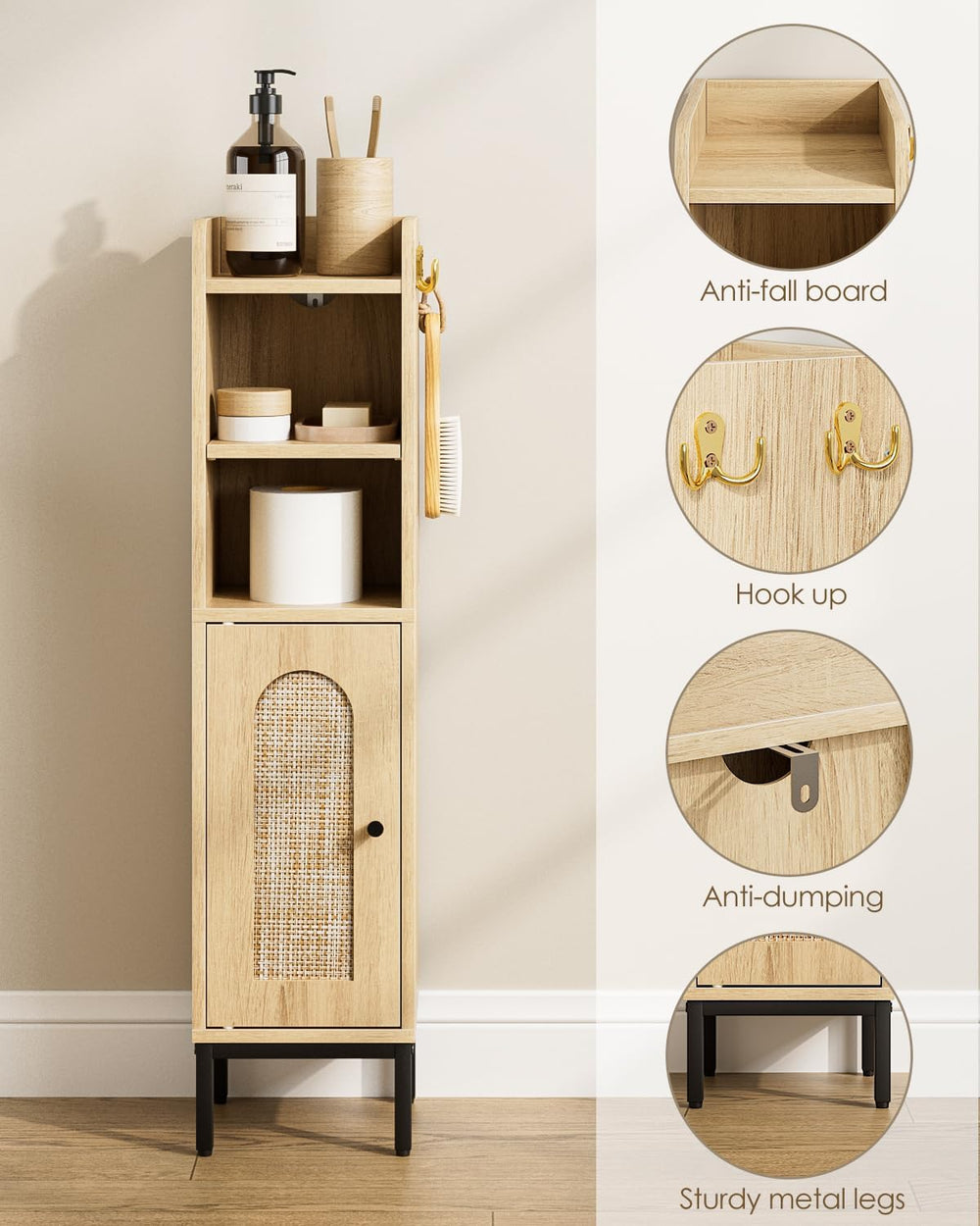 Bathroom Storage Cabinet, Small Corner Floor Hutch with 2Hooks,Narrow Toilet ...