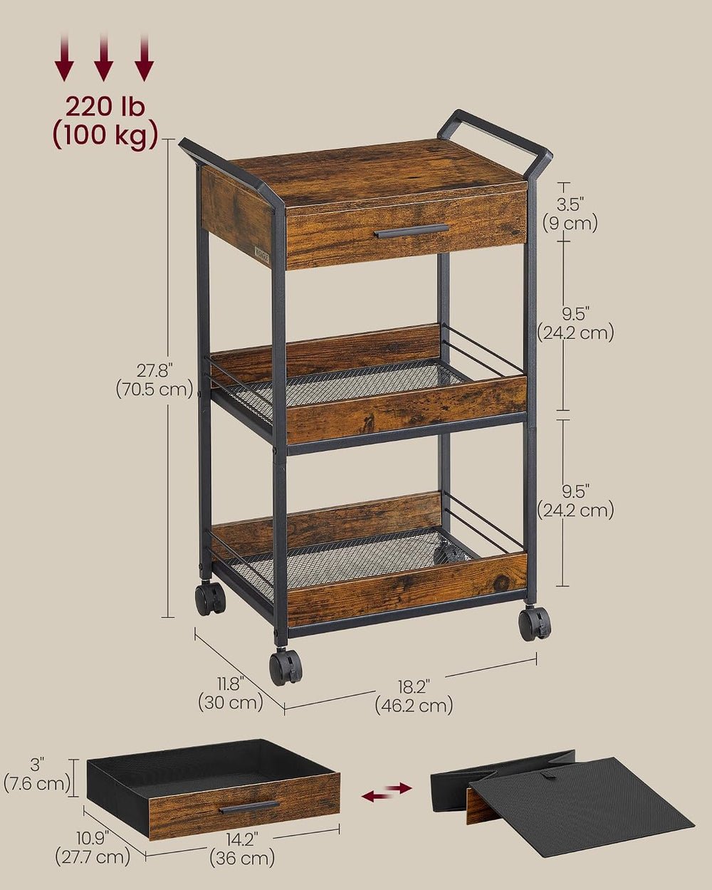 VASAGLE Storage Cart, 3-Tier Rolling Utility Cart with Table Top | Top Drawer...