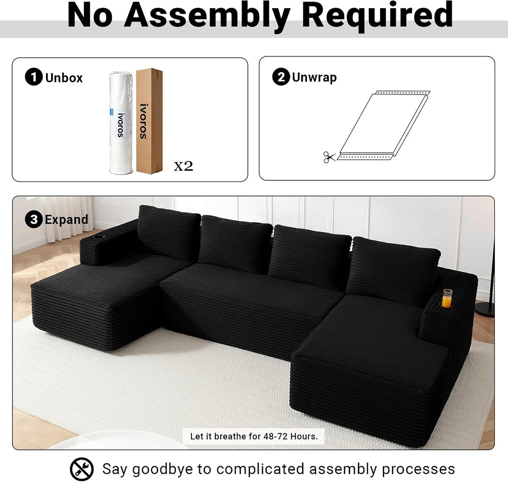 ivoros 125" Cloud Couch Sectional, Modular Sofa with Cup Holder and Stor...