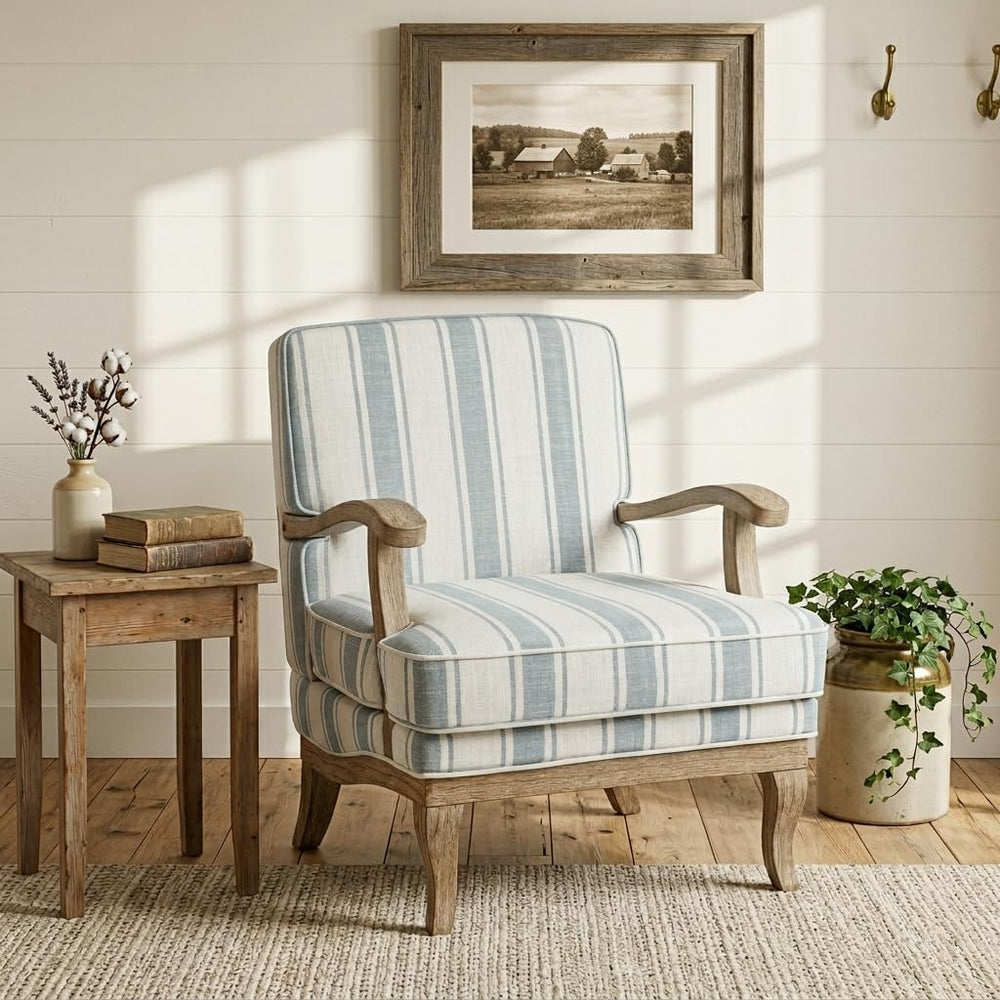 HULALA HOME Farmhouse Striped Accent Chair with Solid Wood Legs, Blue | Comfy...