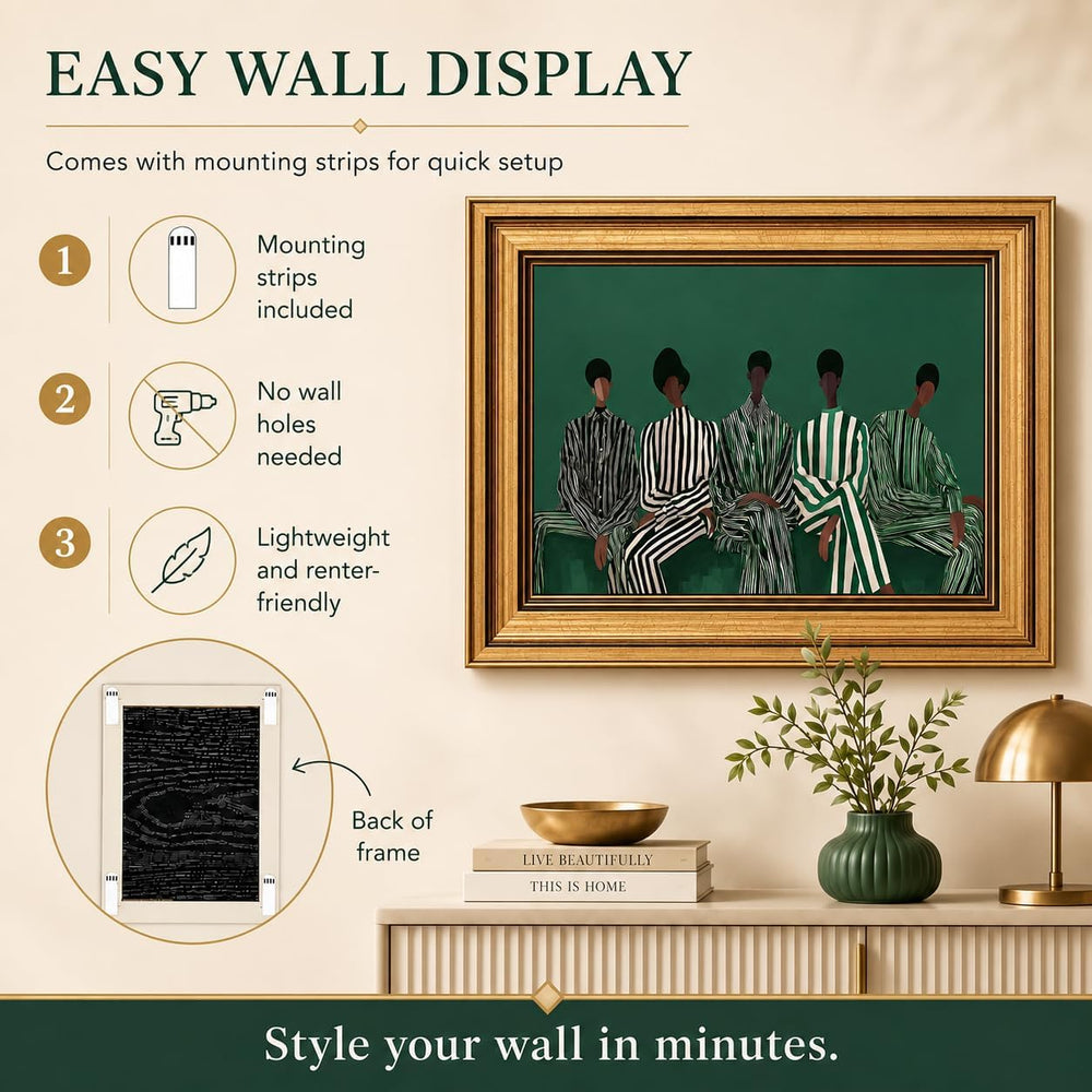 Gold Framed African American Wall Art Green White Striped Black People Canvas...
