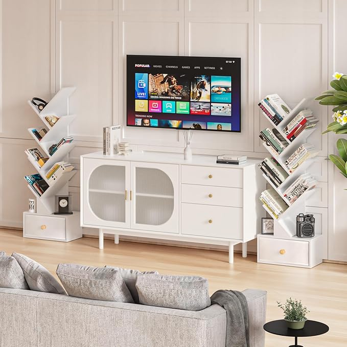 8 Tier Tree Bookshelf with Drawer, Free Standing Wood Bookcase for Living Roo...