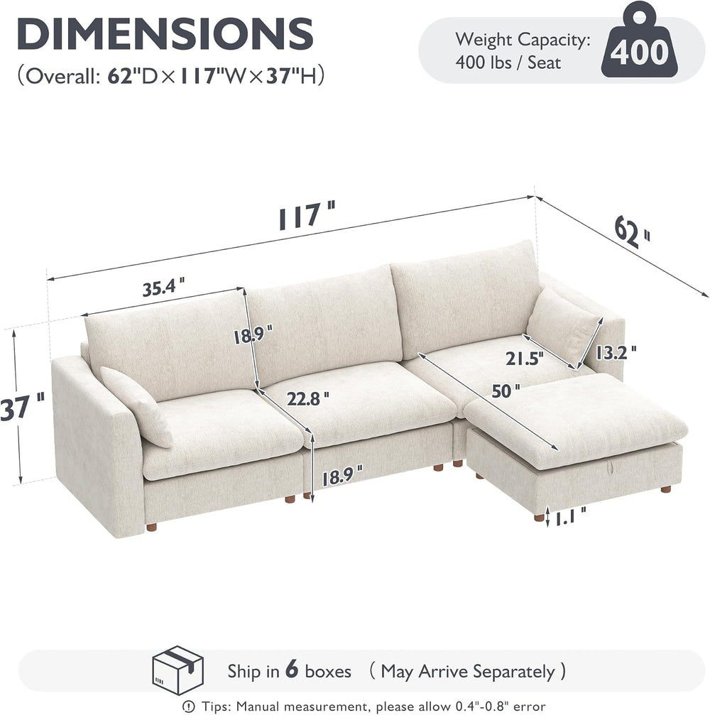 Ihanherry 117" Oversized Modular Sectional Sofa, Modern L Shaped Cloud C...