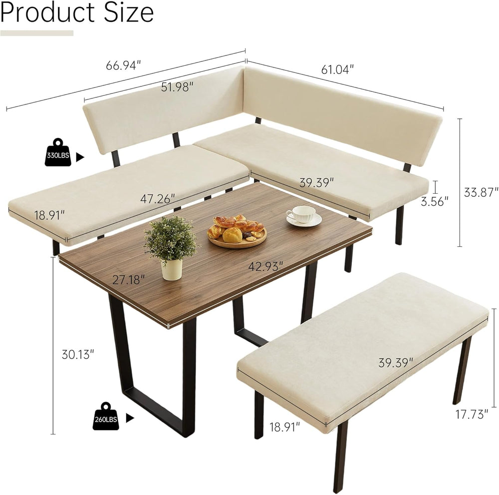 HIPIHOM 3-Piece Corner Dining Table Set with Bench, 67 Inch Space-Saving Brea...
