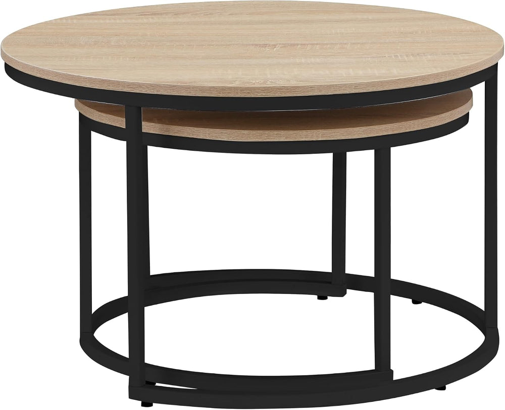 31.5 Inch Round Nesting Coffee Tables Set of 2, Oak‑Tone Stackable Side Table...