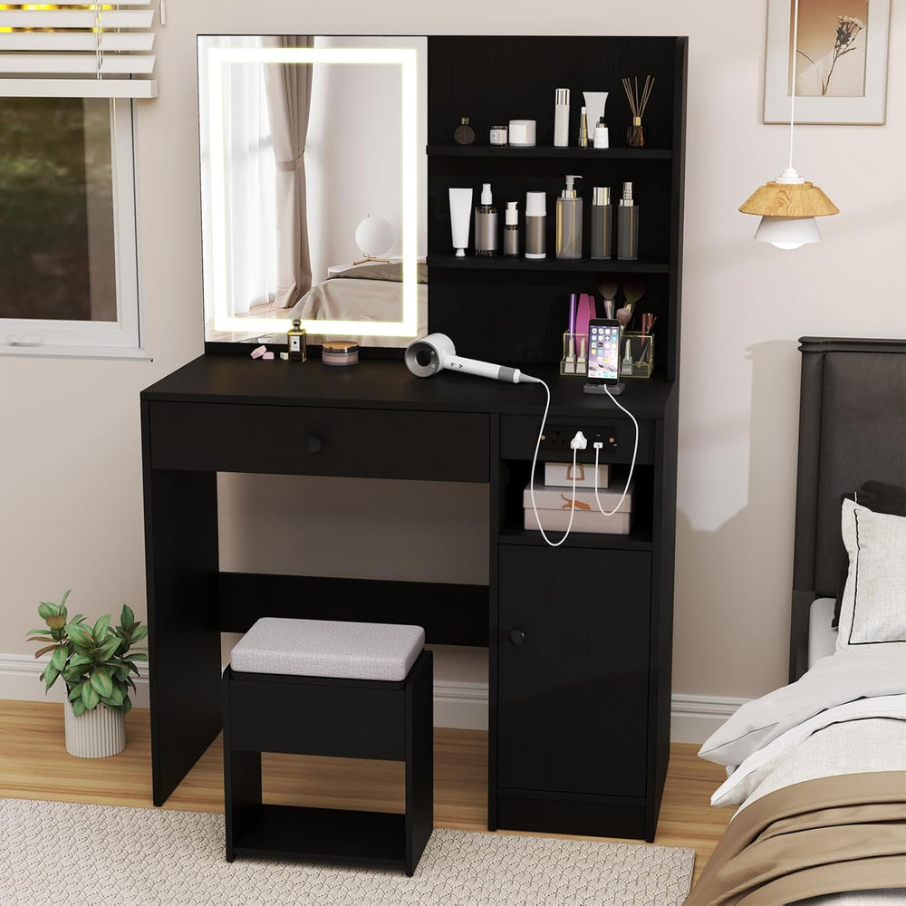CHARMAID Vanity Desk with Mirror and Lights, Makeup Vanity Table with Chargin...