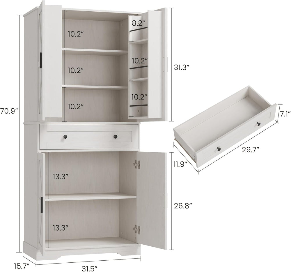 Garvee 71" Kitchen Pantry Cabinet, Barn Door Freestanding Cupboard with ...