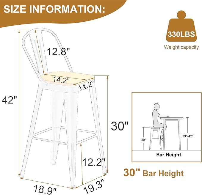 Andeworld Metal Bar Stools Set of 2, 30 inch Bar Height Barstools with Backs ...