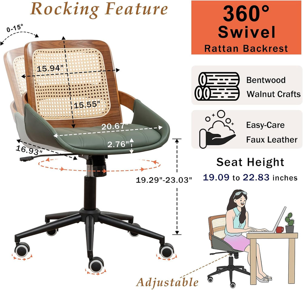 Mid Century Modern Rattan Office Chair, Walnut Finish Desk Chair | Ergonomic ...