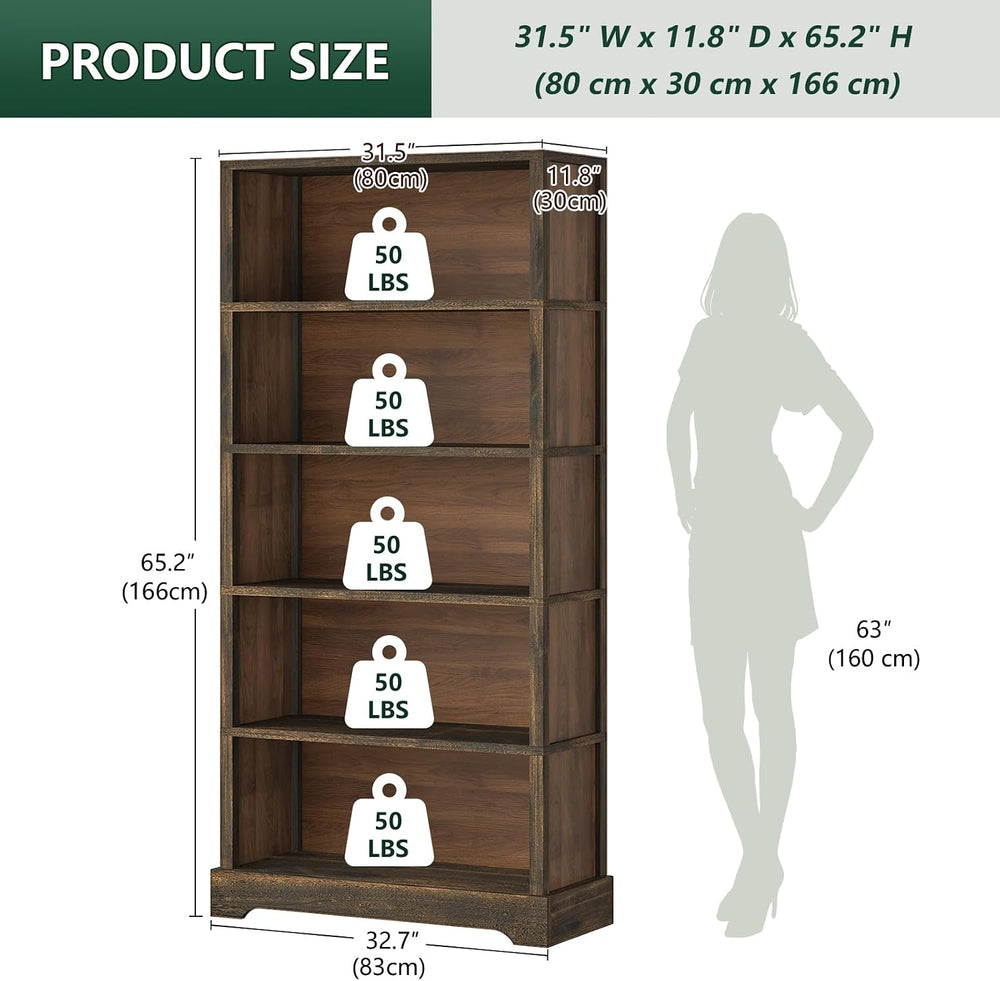 TVU 5 Tiers Wooden Bookshelf, 65.2" Tall Farmhouse Style Open Bookcase, ...